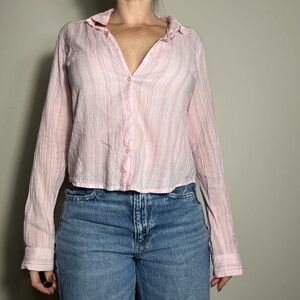 Y2K Vintage Preppy Pink White Striped Button Up Long Sleeve Fits Like Size Small